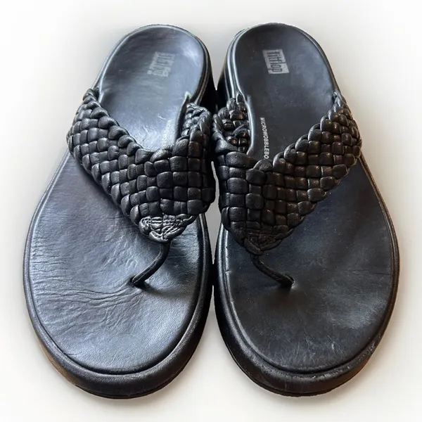 FitFlop Lulu Woven Black Leather Microwobbleboard Platform Thong Sandals W 9 - Image 4