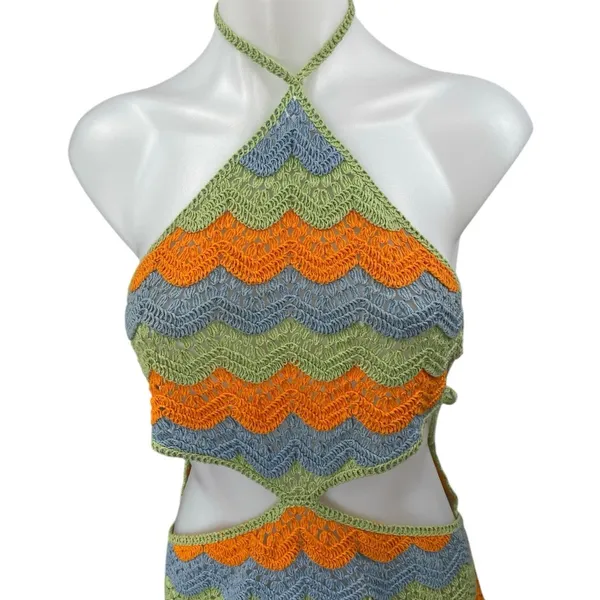 Zara Multicolor Halter Sleeveless Striped Crochet Knit Cutout Mini Dress Size S - Image 3