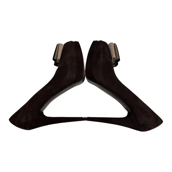 Stuart Weitzman Dark Brown Suede Peep-Toe Heels with Bow Detail - Image 6