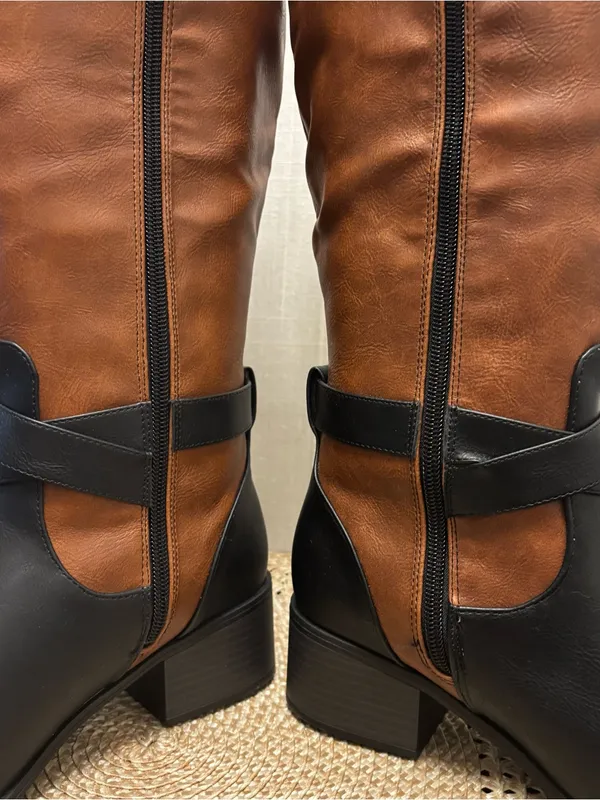 Just Fab Black and Tan Winnie Block Heel Boots | Women | Size 6.5 NWOB - Image 11