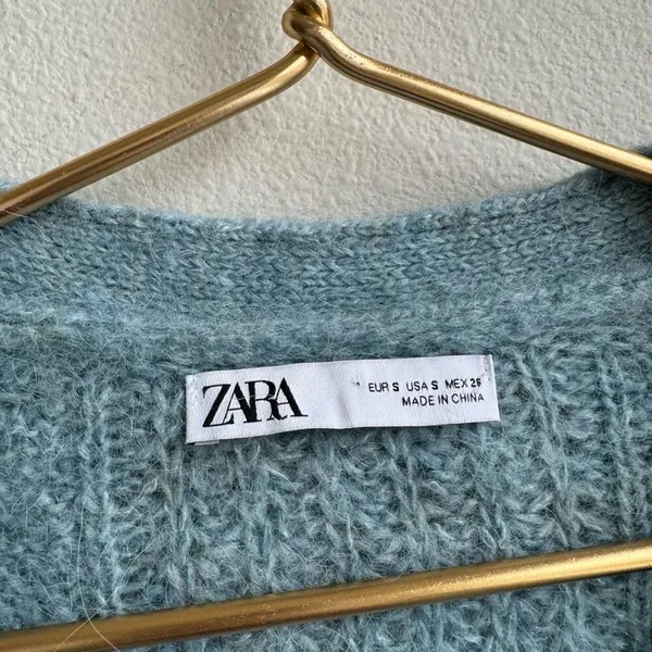 Zara Alpaca Blend Blue Ruffle Button Front Knit Puff Sleeve Sweater Size Small - Image 4