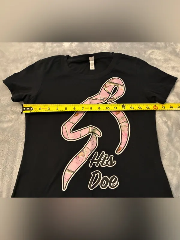 Women’s Ideal T by NEXT LEVEL Black Tee with Pink Camo Ribbon "His Doe" Size M - Image 3