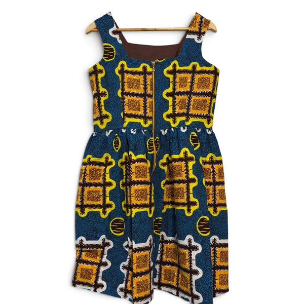 African Wax Print Fit and Flare Dress Blue Yellow Geometric Square Neck - Image 4