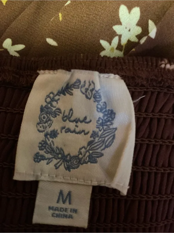 Blue Rain Floral Babydoll Mini Dress Medium Cottagecore Brown Sheer Sleeve - Image 2