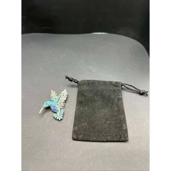 Blue Aqua Silver Tone Rhinestone Hummingbird Pin Brooch - Image 6