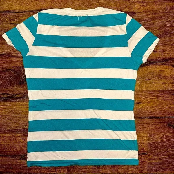 American Eagle Green and White Stripped V-Neck T-Shirt - Image 4