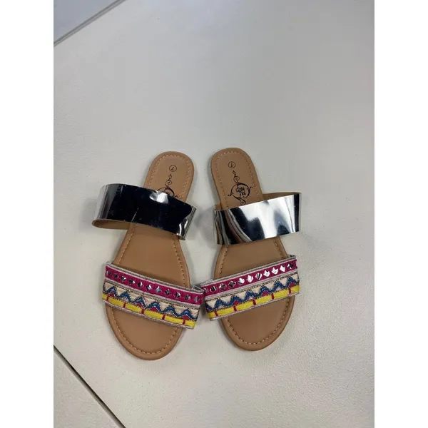 Sole Mates Womens Silver Flat‎ Slide Sandals with Colorful Embroidery Size 7 - Image 6