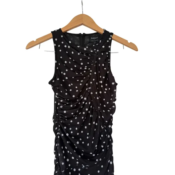 Bardot Felicia Spot Mesh Midi Dress Black‎ Polka Dot Ruched Sleeveless US 4 NEW - Image 4