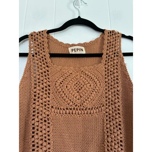 Pepin Brown Crochet Knit Sleeveless Sweater Vest Terracotta Boho Small - Image 3