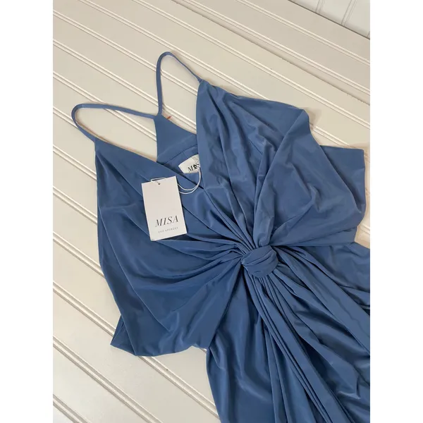 NWT MISA Los Angeles Blue Jersey Knit Sleeveless Cocktail Mini Dress Draped XS - Image 4