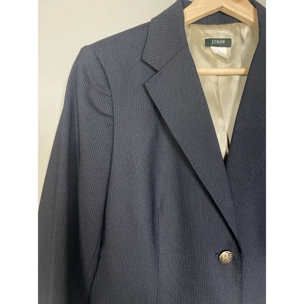 J Crew Pinstripe Wool‎ Blazer Navy Blue Womens Jacket Two Button Size 6 Office - Image 2