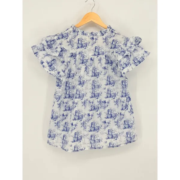 Entro Toile Flutter‎ Sleeve Blouse Womens Small White Blue Flutter Sleeve Ruffle - Image 9