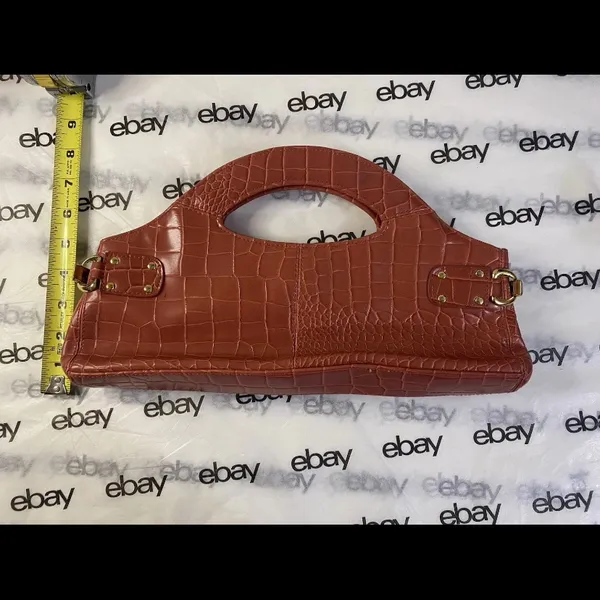Vintage Style Crocodile Embossed Faux Leather Clutch Purse Red/Orange Gold - Image 4