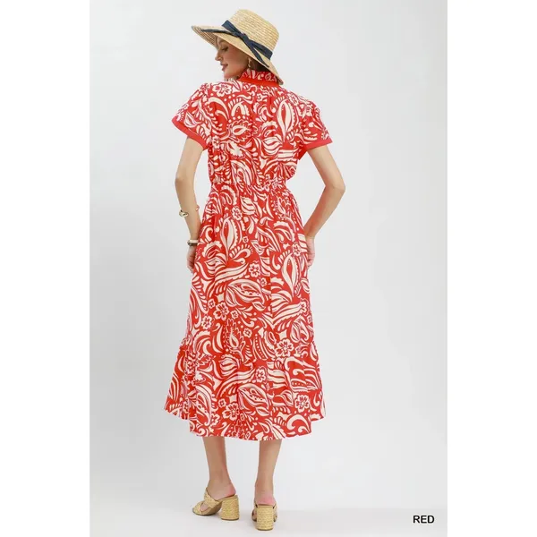 Umgee Paisley Print Midi Dress‎ with Side Pockets - Red - Small - Image 3