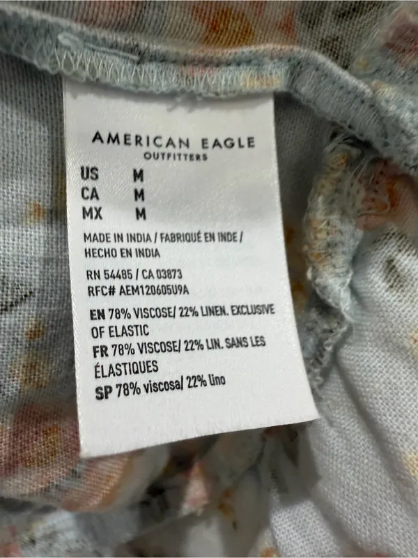 American Eagle Floral Smocked Mini Dress Blue Linen Blend Boho Cottagecore M - Image 12