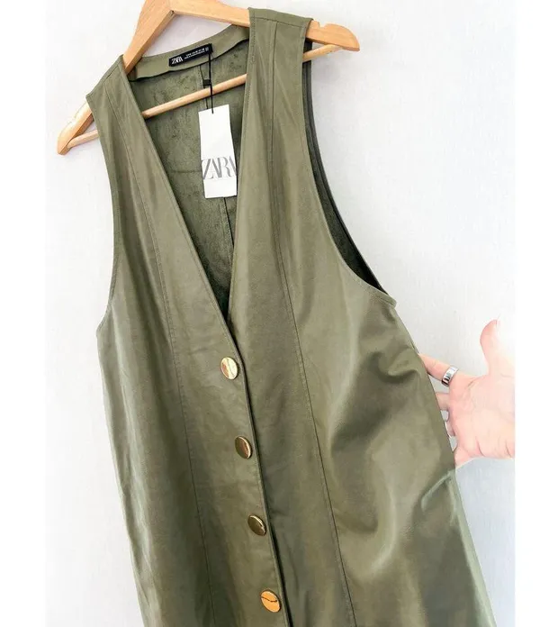 NEW ZARA Faux Leather Pinafore Dress Medium Sage Green Deep V Gold Buttons - Image 4