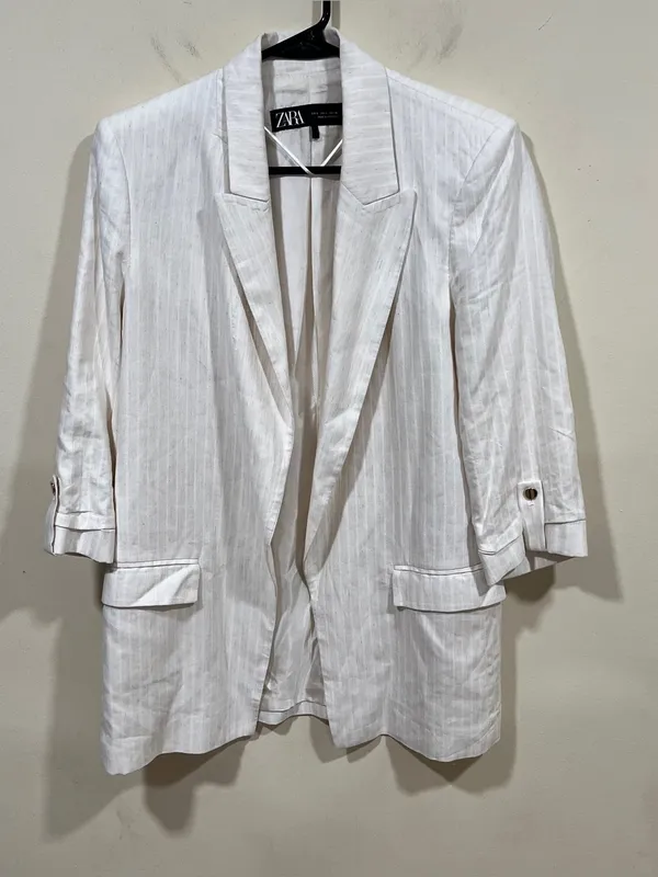 Zara pinstriped linen-blend blazer folded three-quarter sleeves front flap S - Image 10