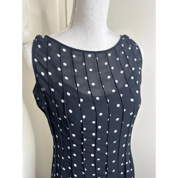 Vintage Retro Black Polka Dot Midi Dress Sleeveless Pleated Flounce Hem Classic - Image 4