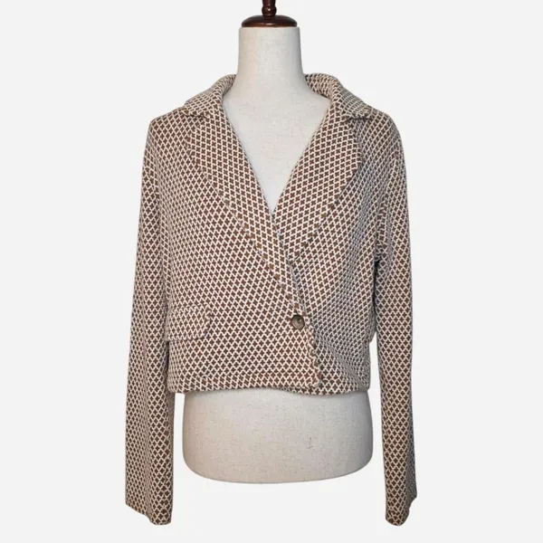 Maeve Anthropologie Brown & White Geometric Knit Cropped Blazer - Image 2