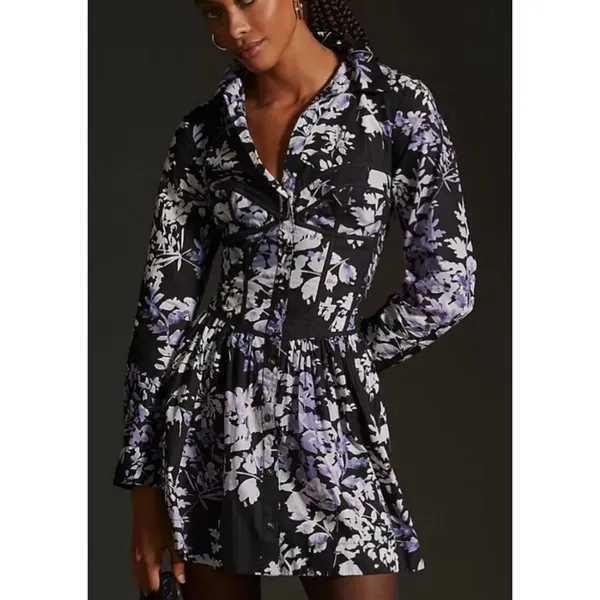 By Anthropologie Corset Mini Dress Black Motif Floral Button Front Size‎ 14 NEW - Image 3