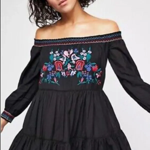 Free People Sunbeams Embroidered Mini Dress Size XS-S Boho Tiered Off Shoulder - Image 6