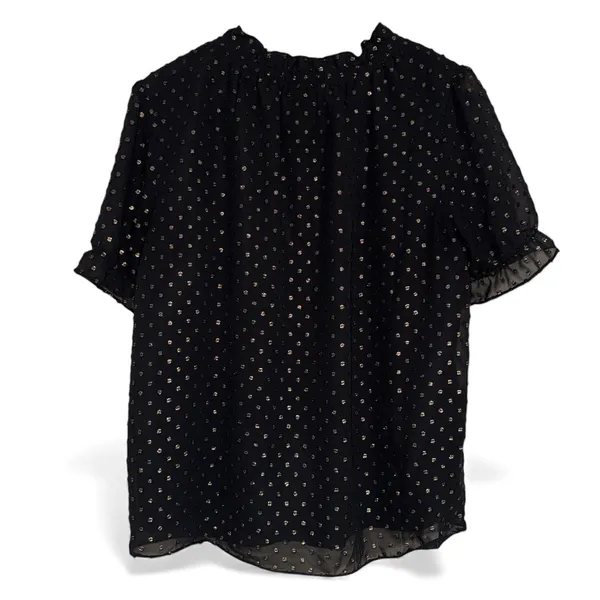J. Crew Black Gold Dot Sheer Puff‎ Sleeve Smocked Neck Blouse Top Size M - Image 4