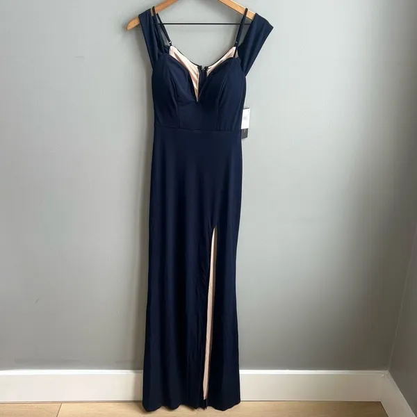 CITY STUDIO NWT Juniors Navy Plunge Off Shoulder Sleeve Size 3 Formal Dress Gown - Image 7