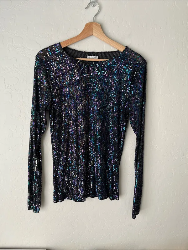Free People Gold Rush Sequin Festival Top Long Sleeve Black Purple Size Medium - Image 2