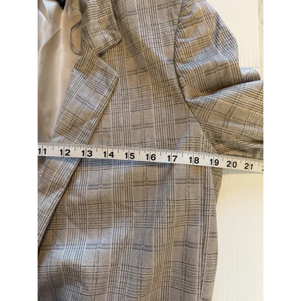 Zara Blazer Women's M Plaid Gray Faux Suede Ruched Sleeve Long Line Open‎ Front - Image 9