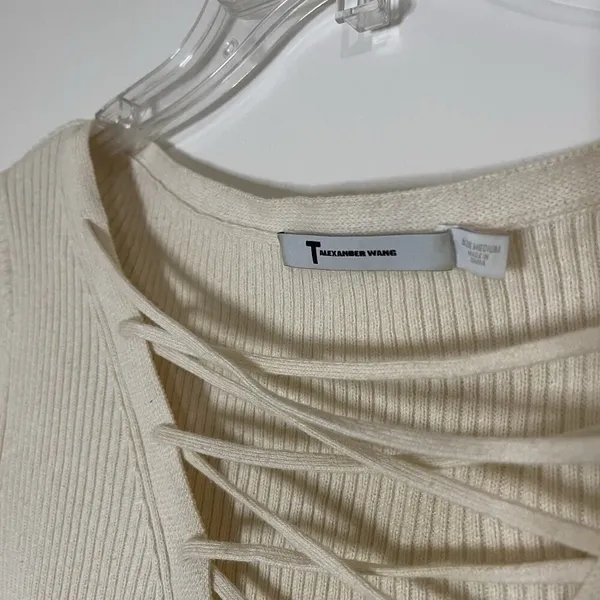 T Alexander Wang Ivory Yellow ribbed cropped lace up knit tshirt size medium - Image 3