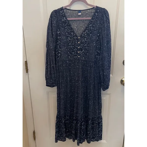 Old Navy‎ Blue Floral Paisley Tiered Midi Dress Womens M Boho Peasant Prairie - Image 2