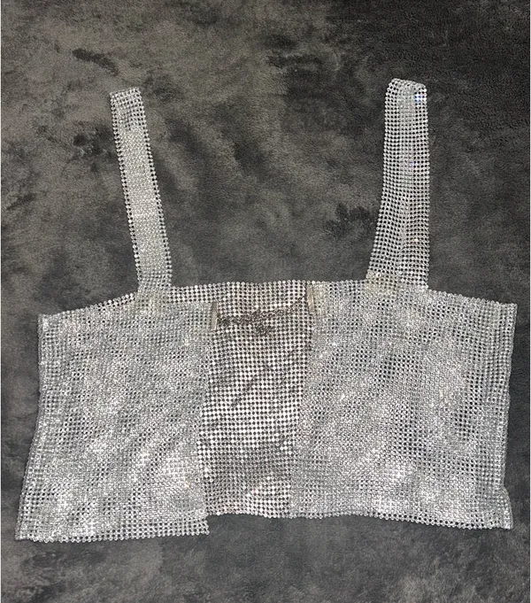 SheIn NWOT Rhinestone Detail Metallic Open Back Silver Top - Image 5