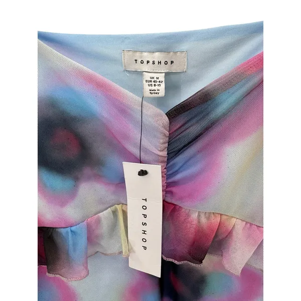 Topshop Paint Floral Mini Dress M‎ NWT Puff Sleeve Y2K Mesh Ruffle Tea - Image 5