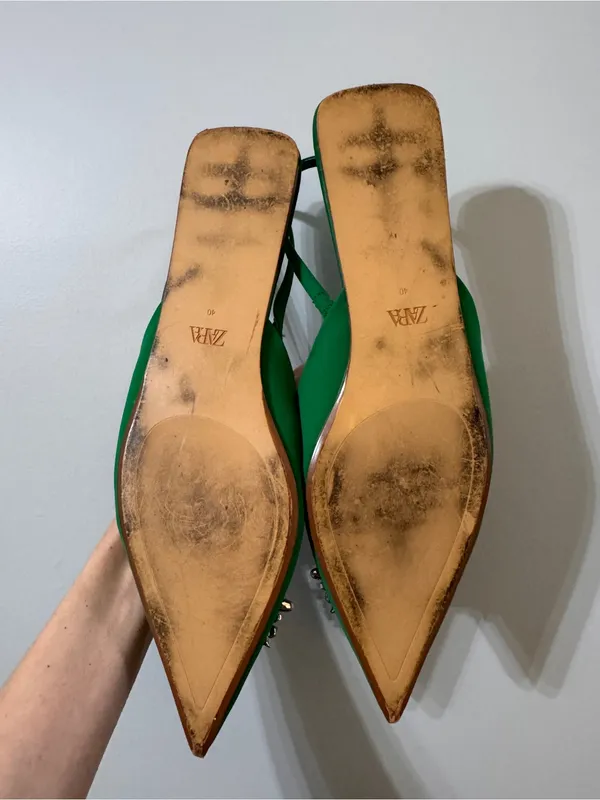 Zara Kelly Green Satin Slingback Flats Sparkle Crystal Gem 40 Pointed Toe - Image 2