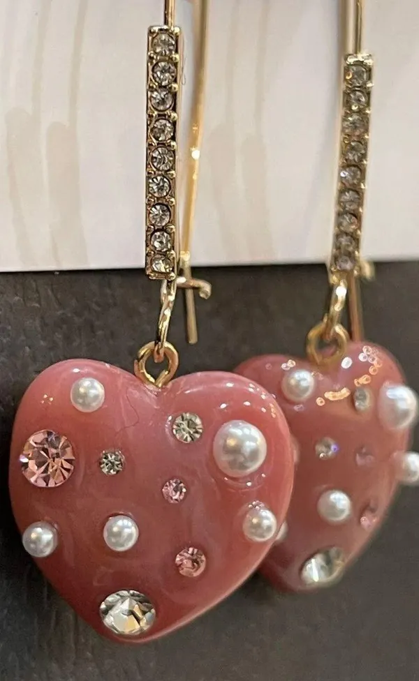 Betsey Johnson Pink Marble Hearts Rhinestones & Mini-Pearls French Hook - Image 3