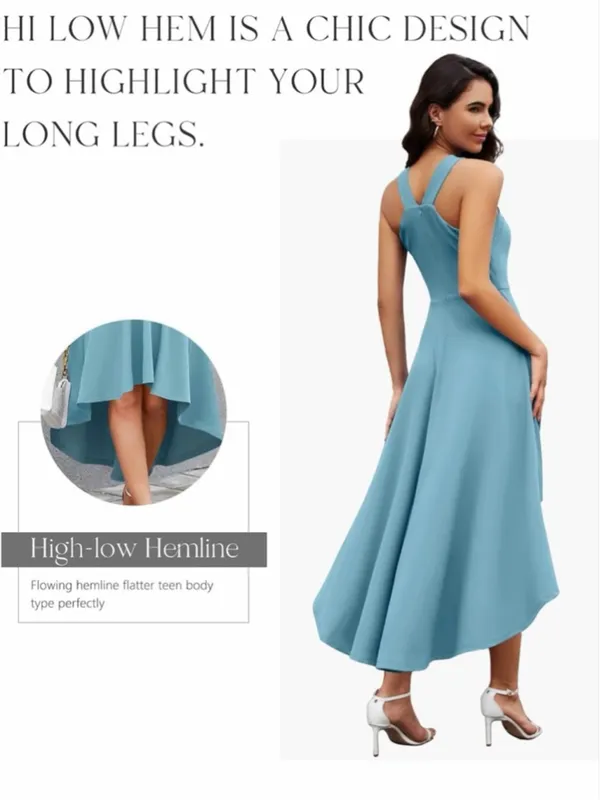 NEW Blue Cocktail Formal Wedding Guest Halter Hi Low Dress XL - Image 2