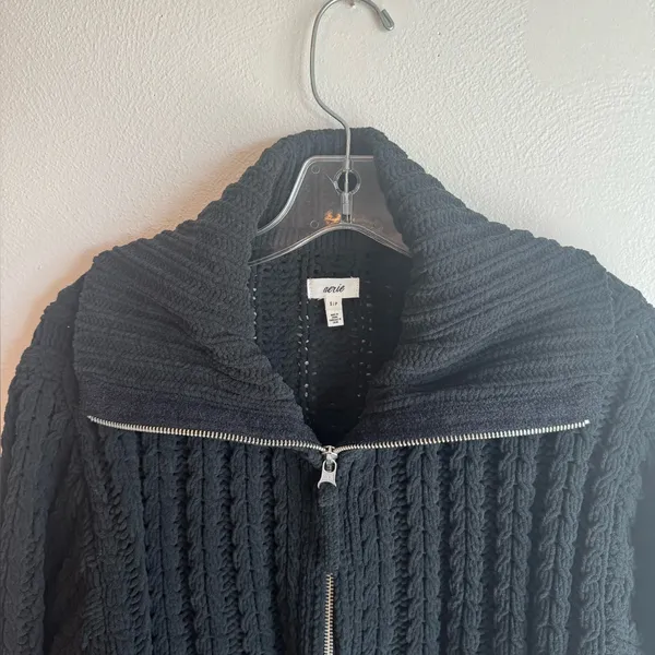 Aerie Cable Car Chenille Quarter Zip Chunky Black Knit Top - Image 4
