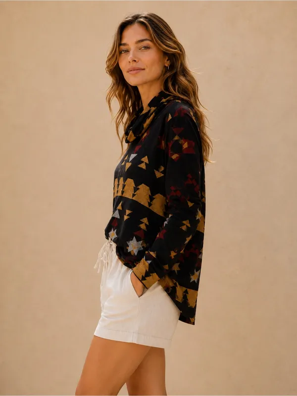 LuLaRoe Black Geometric Aztec Print Boho Oversized Drop Shoulder Knit Turtleneck - Image 2