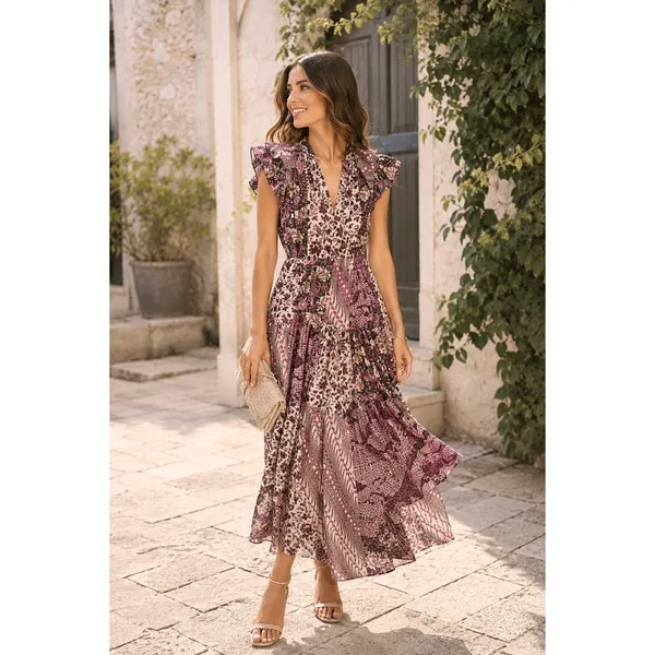 Ulla Johnson Asis Midi Dress Cotton Silk Batik Floral Tiered Purple Fuchsia 0 - Image 16