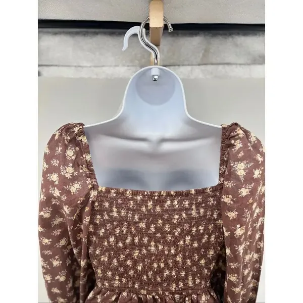 Dizzy Lizzy Smocked Peplum Floral Blouse XS Brown Boho Cottagecore Puff Sleeve - Image 10
