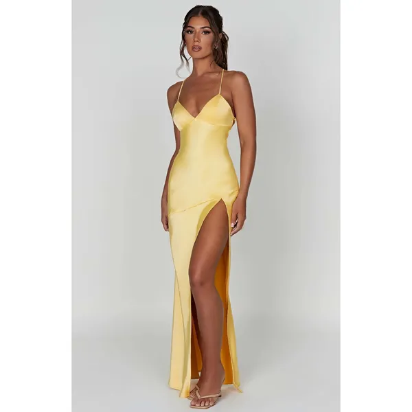 NWT Babyboo Isobel Lemon Yellow Satin Lace Up Back High Slit Maxi Dress Size M - Image 8