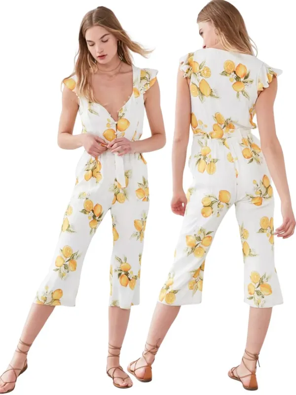 For Love & Lemons Limonada Tie-Front Jumpsuit Women's Medium White Lemon Print - Image 2