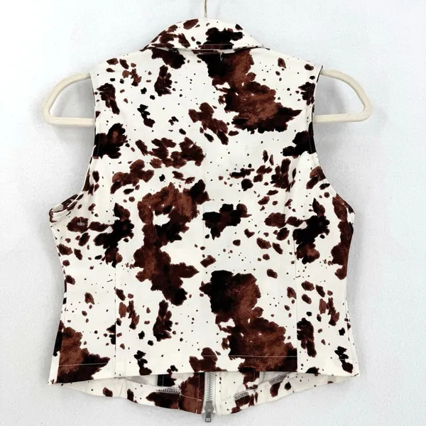 No Comment Cow Print Vest Women S Brown White Zip Front Western Cowgirl Y2K - Image 2
