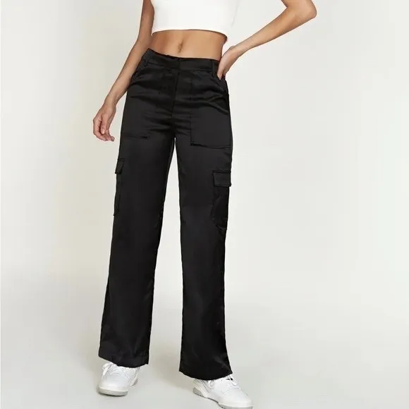 MESHKI Amaya Lace Up‎ Cargo Pants Black Satin Wide Leg Size S - Image 4