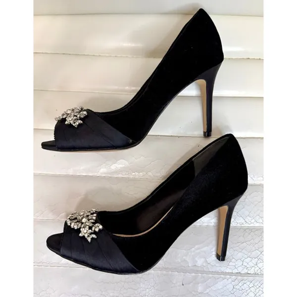 Nina Black Velour Jeweled Peep-Toe Heels Sz7 - Image 5
