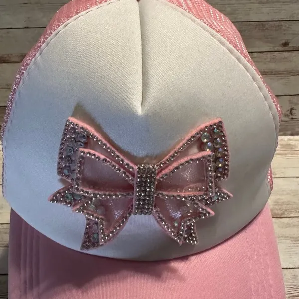Bow Trucker Hat Pink White Coquette Blingy Mesh One-Size Snap Back Girly Cap - Image 7