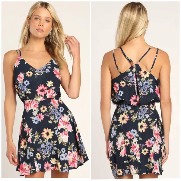 NWT Lulus Floral Fit & Flare Dress Crisscross Back Mini Summer Cottagecore Large - Image 2