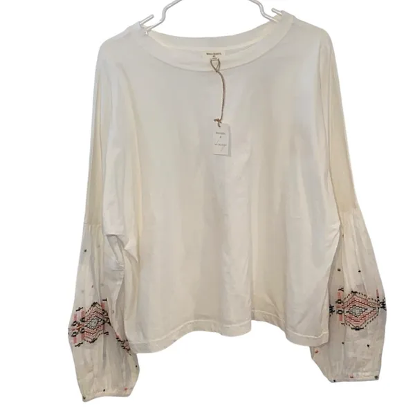 New Cost Plus World Market Cream Blouse Embroidered Sleeves sheer poof Sleeves - Image 5