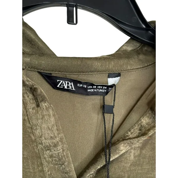 Zara Womens Dress Shirt Mini Collared Long Sleeve Satin Ruffled Hem Green XS NWT - Image 6