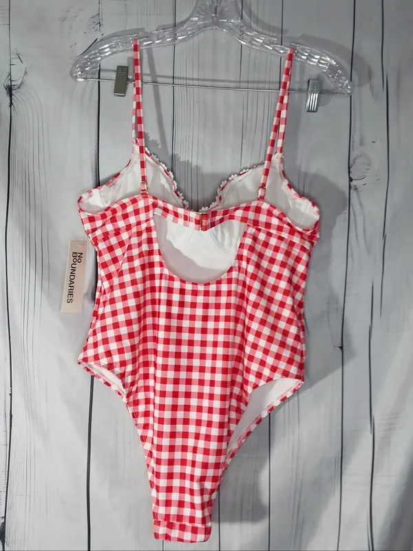 No Boundaries Red & White Underwire Gingham One-Piece Swimsuit with Daisy Trim - Image 5